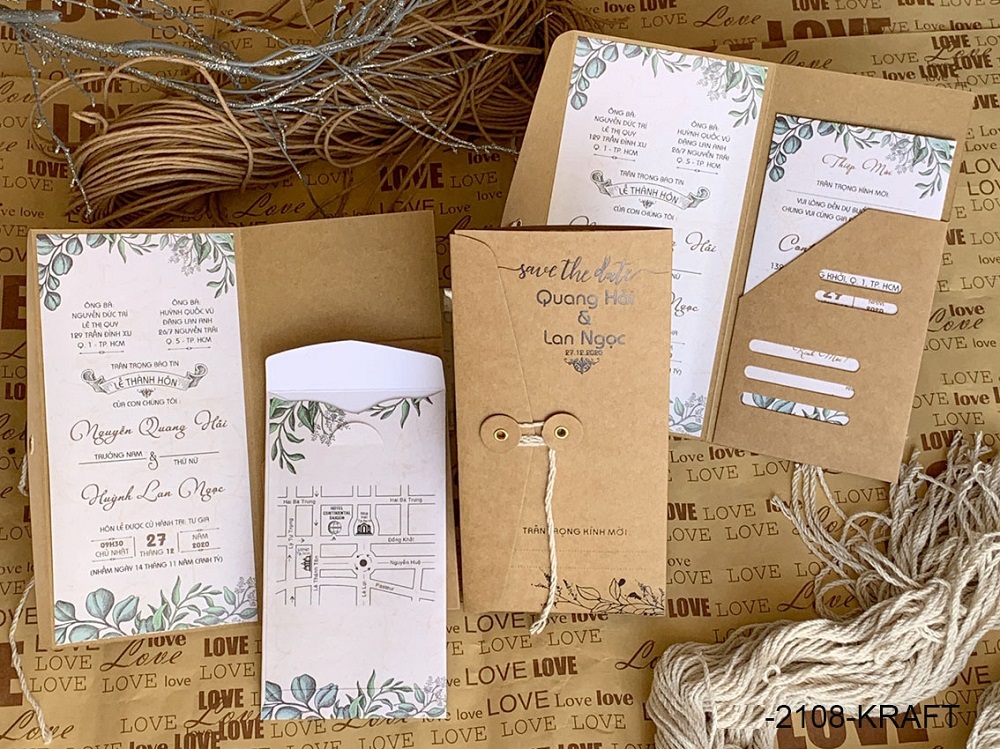 thiệp cưới kraft màu nâu