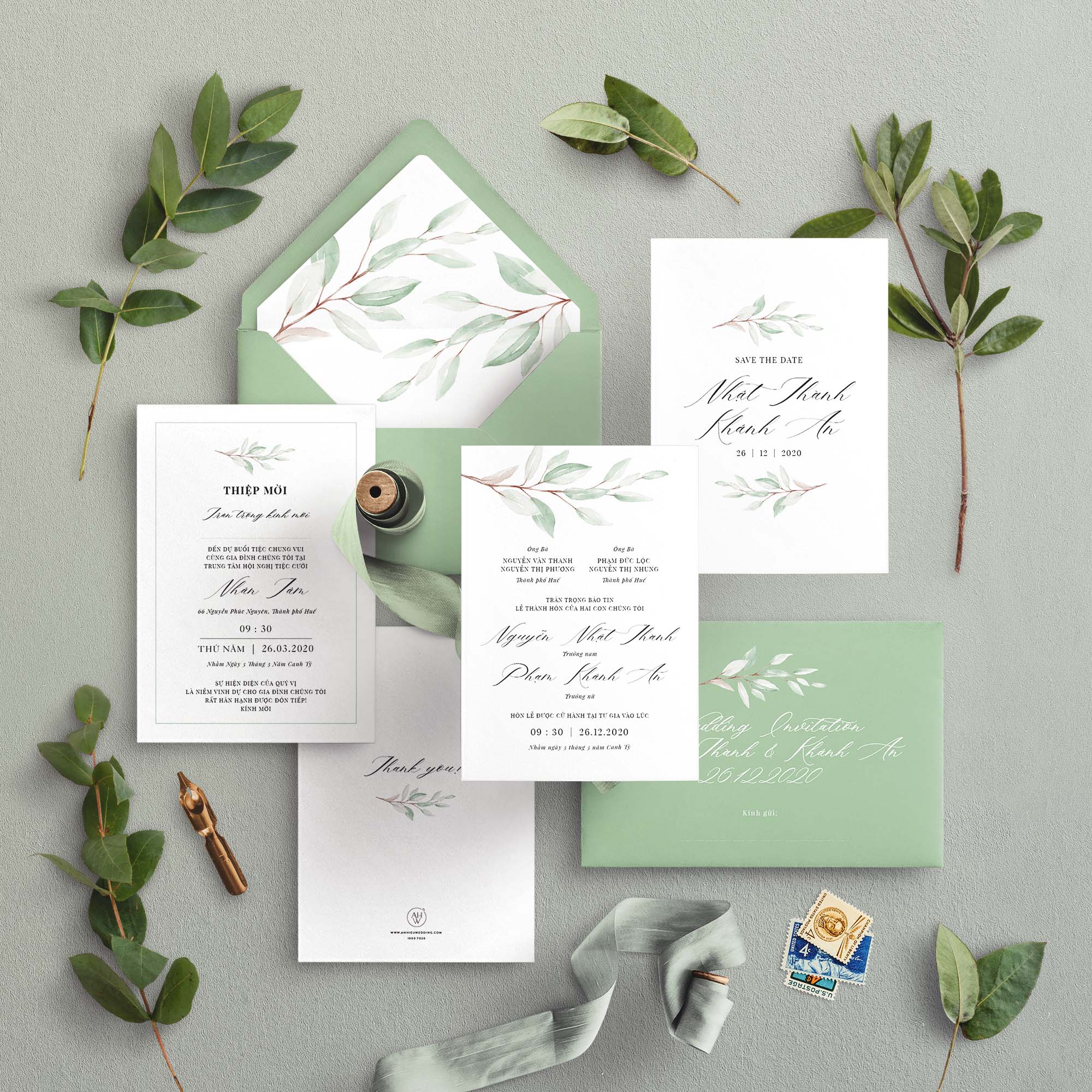 Gợi ý mẫu thiệp cưới màu xanh lá cây sang trọng, không lỗi mốt