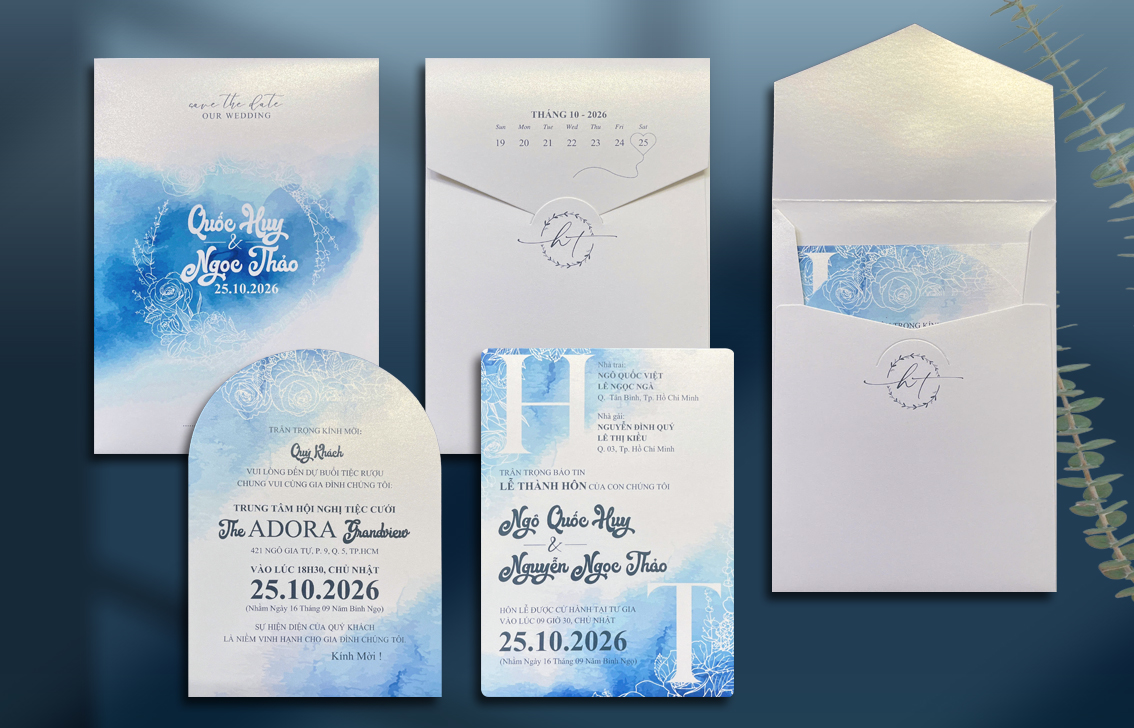 thiệp cưới xanh hoa trắng